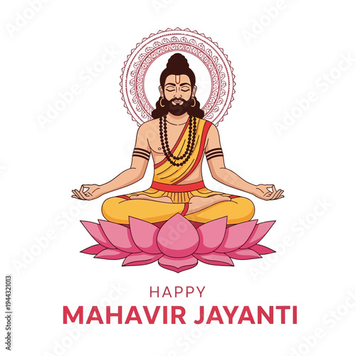 Happy Mahavir Jayanti: Lord Mahavir Meditating on Lotus Flower, Jainism Festival