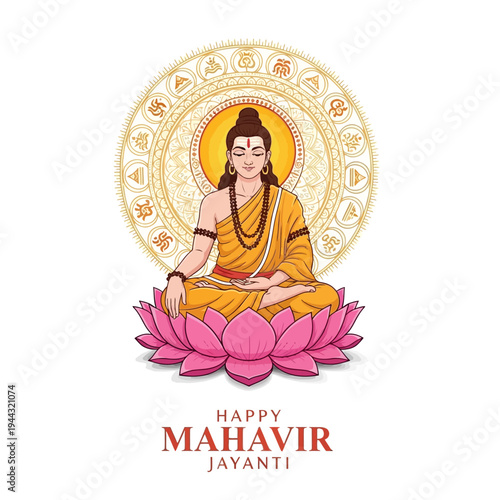 Happy Mahavir Jayanti: Lord Mahavir Meditating on Lotus Flower, Jainism Festival