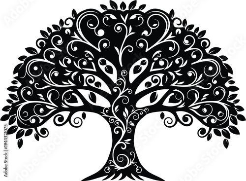 Ornate Tree of Life Silhouette with White Filigree and Victorian Scrollwork Patterns, Vector Illustration isolated on White.