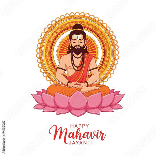 Happy Mahavir Jayanti: Lord Mahavir meditating on lotus, Indian festival, Jainism celebration