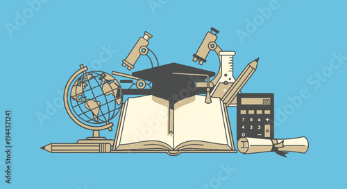 Colorful open book with graduation cap, globe, microscope, calculator, and school supplies, education concept on a light blue background.