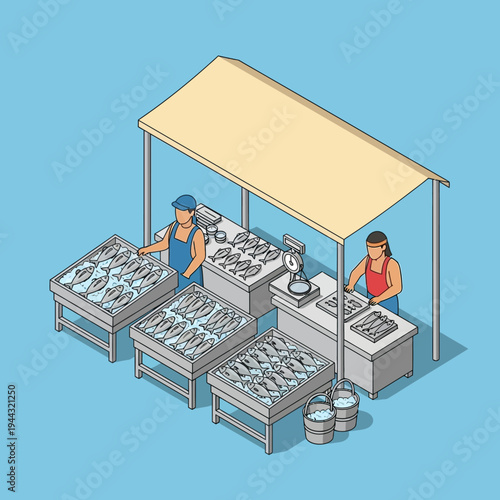Isometric illustration of a fish market stall with vendors and fresh seafood.