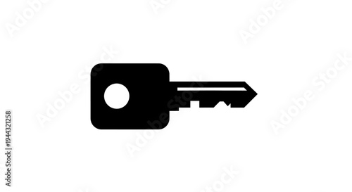 A simple black silhouette of a house key or security key on a plain white background, representing access and security.