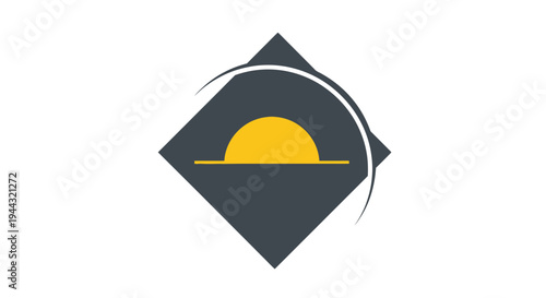 Abstract logo design featuring a yellow semi-circle resembling a rising sun within a dark grey diamond shape, with an elegant white arc.