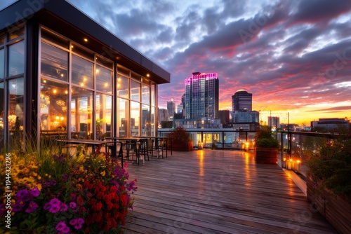 Rooftop Dance Terrace at Dawn with Faint City Skyline and Beautiful Colors