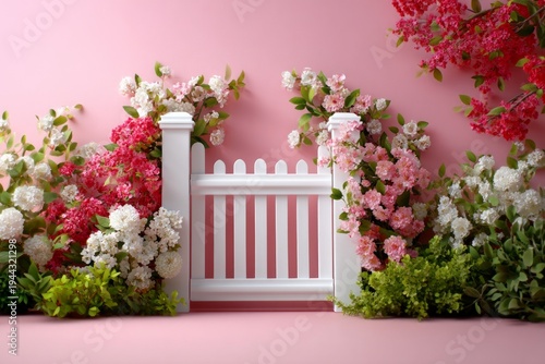 Romantic Floral Garden Gate with Pink Background and Beautiful Flower Layers Opening