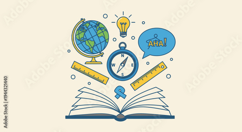 Illustration of an open book with various educational symbols like a globe, compass, lightbulb, rulers, and a speech bubble, representing learning and knowledge.