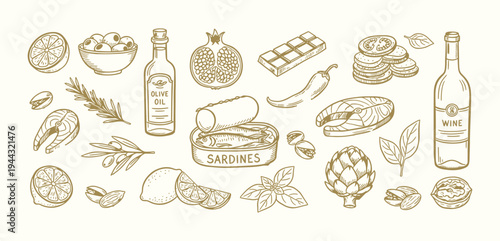 Mediterranean lunch and dinner doodle icons. Pasta, olive, pizza, cheese, tomato, lemon, wine. Dolce vita aesthetics. Hand drawn doodle elements collection