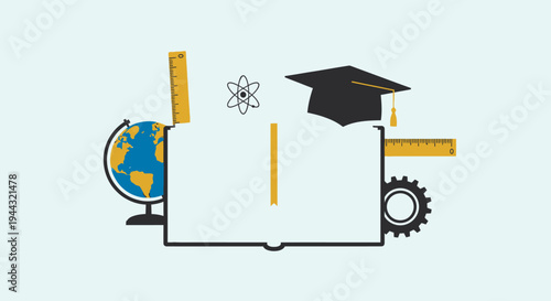 Educational and scientific elements surrounding an open book, symbolizing learning, knowledge, and academic achievement.