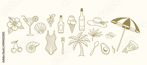 A collection of blue line drawing illustrations featuring marine life and beach items. Summer doodle set with beach and vacation elements in crayon style