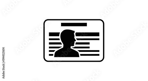 Black and white icon of an identification card with a person's silhouette and text lines, representing an ID badge or access pass.
