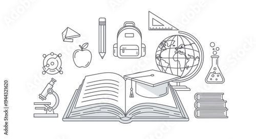 Line art illustration of various educational and academic tools like books, a globe, microscope, and graduation cap, symbolizing learning and knowledge.