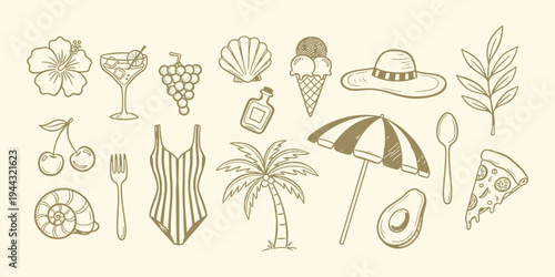 A collection of blue line drawing illustrations featuring marine life and beach items. Summer doodle set with beach and vacation elements in crayon style