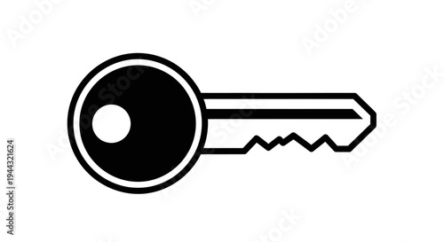 Simple black and white line art illustration of a single metal key with a round head and jagged teeth.