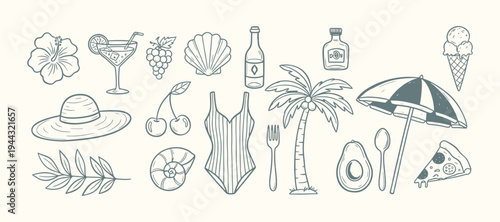 A collection of blue line drawing illustrations featuring marine life and beach items. Summer doodle set with beach and vacation elements in crayon style