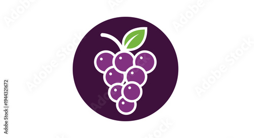 A simple, clean graphic illustration of a bunch of purple grapes with a green leaf on a dark circular background.