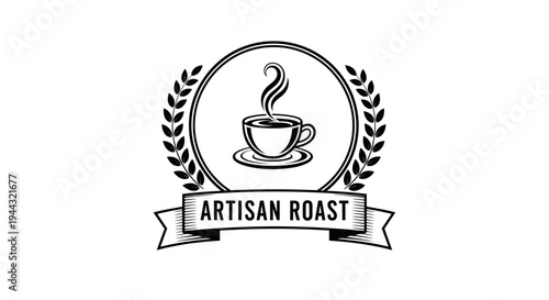A black and white logo for 'Artisan Roast' featuring a steaming coffee cup within a laurel wreath and a banner below.