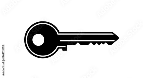A simple black silhouette of a single metal key, often used for unlocking doors or padlocks, presented on a clean white background.