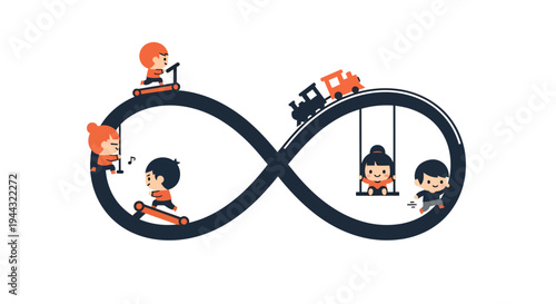 Children Playing in Infinity Loop Vector Illustration, Flat Design for Fun and Education