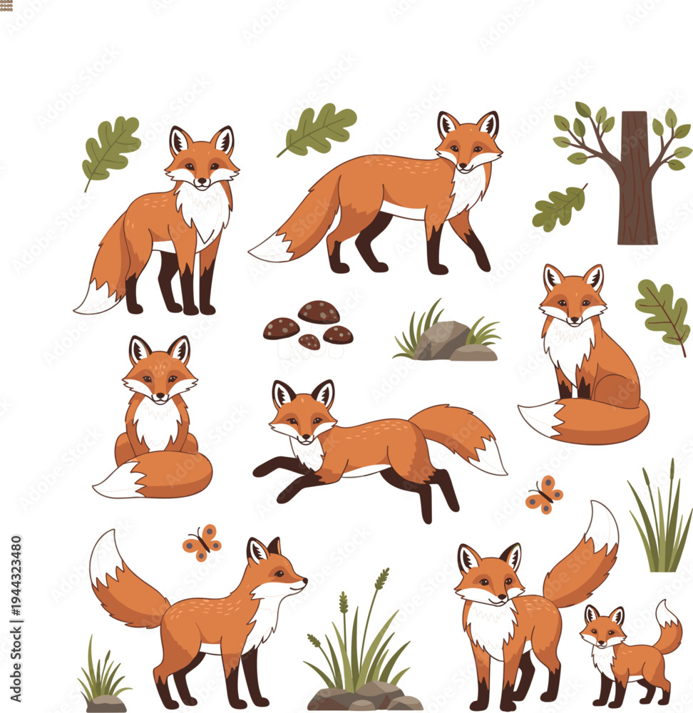 Obraz premium Cute Fox Cartoon Character Set Forest Wildlife Animal Collection with Sitting Walking Running and Baby Fox Vector Illustration