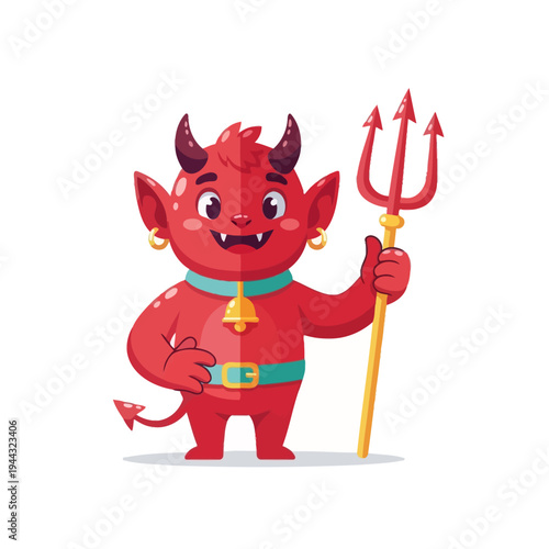 Cute Red Devil Character with Trident and Bell Collar, Cartoon Style