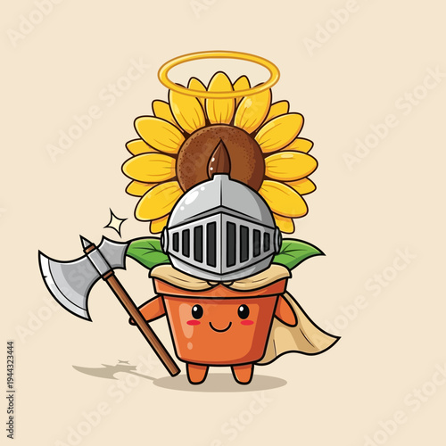 Cute Sunflower Knight Warrior in Armor with Axe and Halo, Fantasy Garden Guardian
