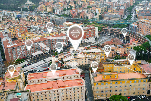 Photography Digital mapping shows shopping and service points in urban area of Rome
