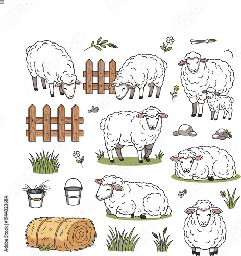 Cute Cartoon Sheep Farm Animal Set with Standing Grazing Sleeping Lamb and Rural Farm Elements Vector Illustration Collection