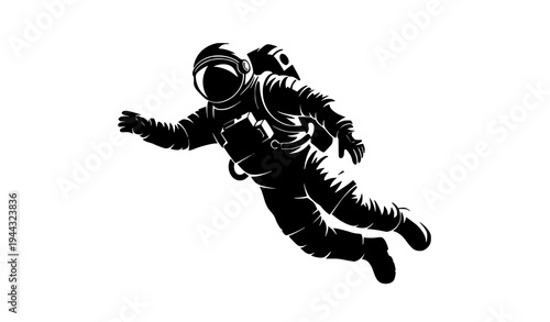 Floating astronaut silhouette reaching forward in zero gravity space exploration vector illustration