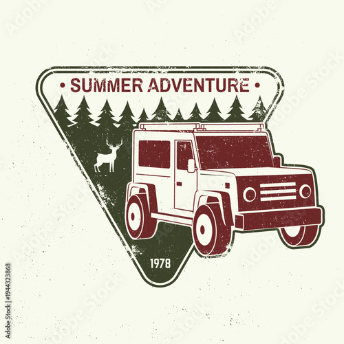 Summer adventure. Vector illustration Concept for shirt or logo, print, stamp or tee. Vintage typography design with off road car and forest silhouette. Camping quote. Outdoor Adventure.