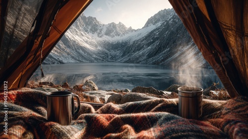 Cozy camping tent interior view looking out at snowy mountains and frozen lake