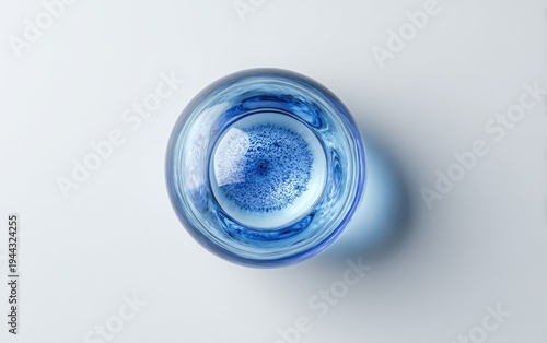 Overhead shot of a clear, blue glass, viewed from above, resting on a white surface