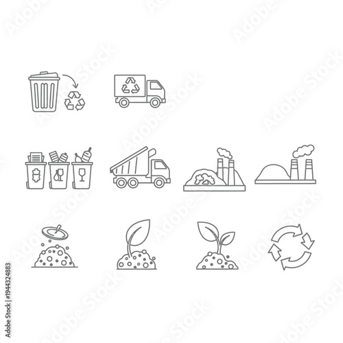 Recycling symbols and trucks icons.