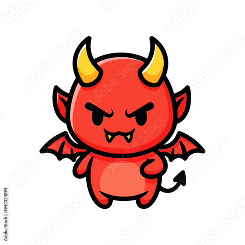 Cute Red Devil Character with Wings and Horns, Cartoon Style