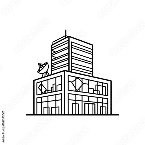 Modern office building with satellite dish on roof