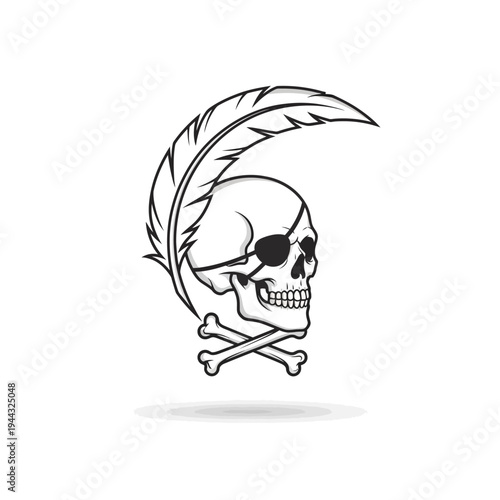 Pirate Skull With Feather and Crossbones - Black and White Vector Icon