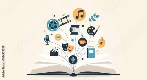 Creative arts and media icons emerging from an open book