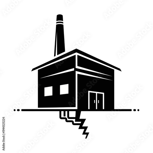 Modern industrial building with chimney and electrical connection