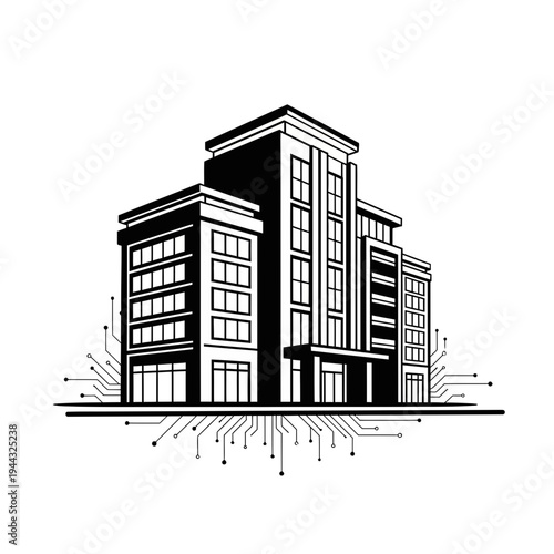 Modern office building with sleek design and circuit board details