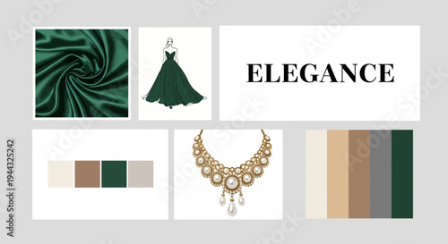 Elegant fashion design concept with green dress and gold jewelry