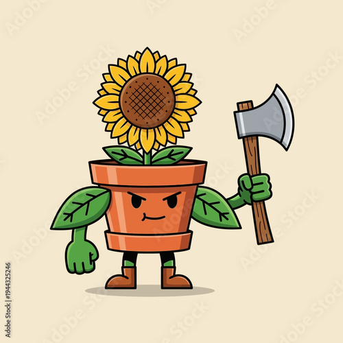 Angry Sunflower Plant in Pot Holding Axe, Cartoon Character, Funny Garden Threat