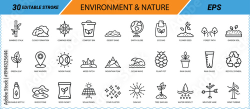Environment and Nature Icon Set Editable Stroke Line Art vector illustration