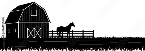 Rural farm landscape with wooden barn silhouette vector illustration