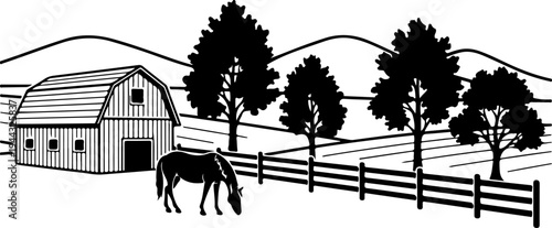 Rural farm landscape with wooden barn silhouette vector illustration
