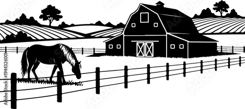 Rural farm landscape with wooden barn silhouette vector illustration