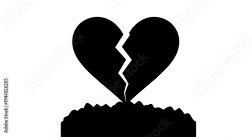 Broken Heart Symbol in Black and White, Representing Sadness and Loss