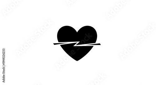 Broken Heart Symbol with Lightning Bolt Cutout, Black and White Icon