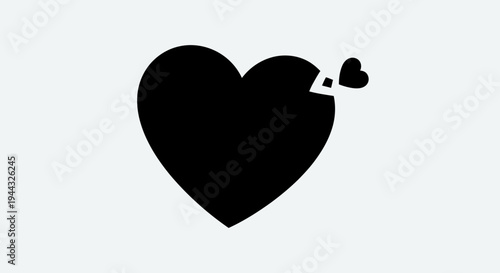 Broken Heart Symbol with Small Heart Fragment Detaching, Black Silhouette on Gray Background