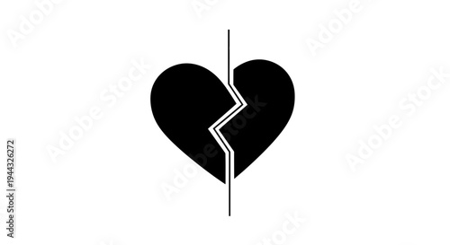 Broken Heart Symbol, Black Silhouette, Split in Half, Concept of Sadness and Separation