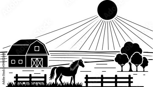 Rural farm landscape with wooden barn silhouette vector illustration